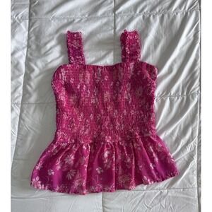 Japna Women's Pink Floral Smocked Semi-Crop Top Size Medium Stretch EUC